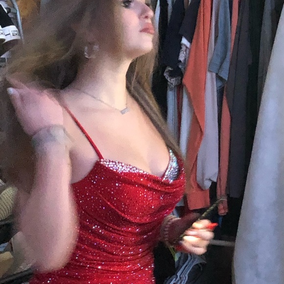 Women’s Red SO Dress Rhinestone Bust Midi Hand-Beaded - Picture 6 of 6